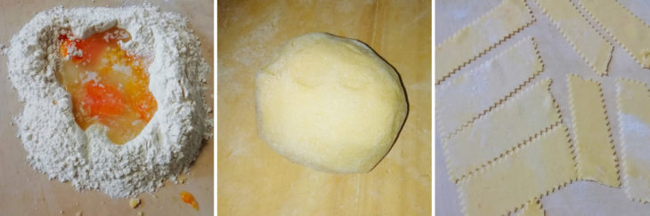 Un'immagine con 3 foto: una con farina e uova. una con impasto e l'ultima con pasta tagliata con forma rettangolare non uniforme